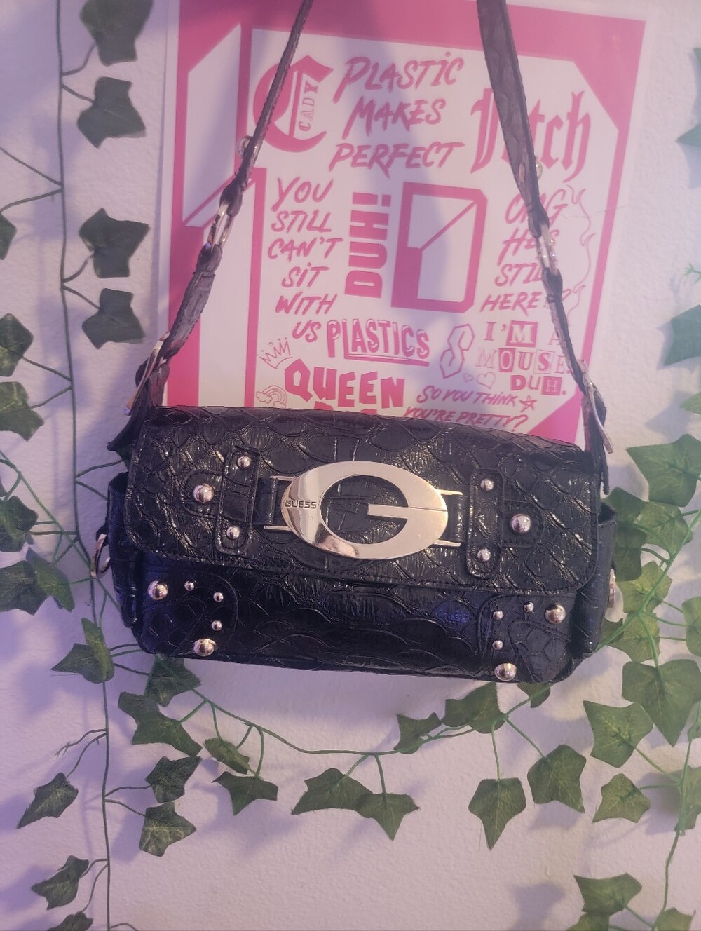 Y2k ALT 2000s Studded Black Croc GUESS shoulder Bag